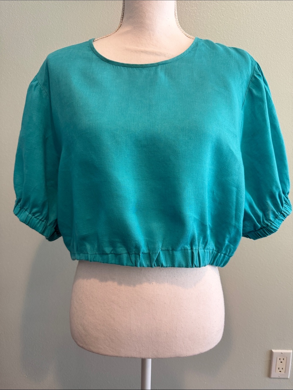 Teal Elastic-Hem Crop Top with Puff Sleeves ptp 22 XL linen